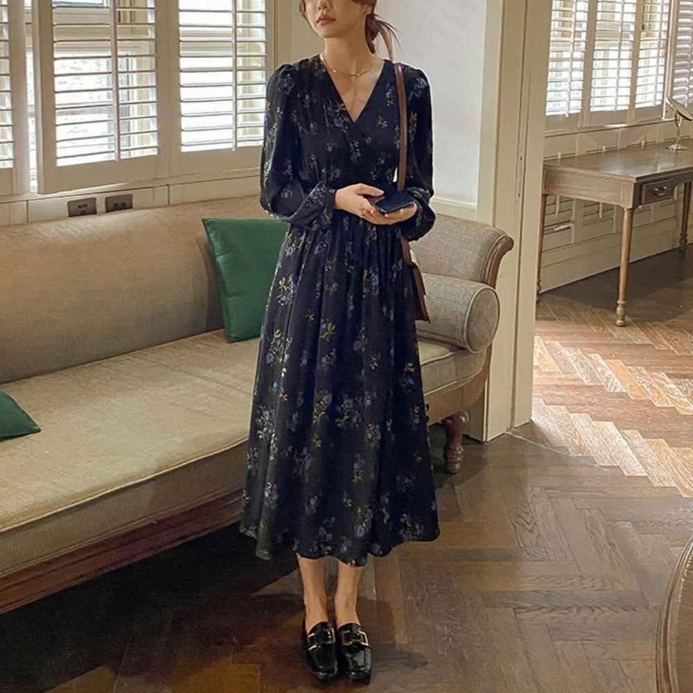 ウエストシャーリング花柄ワンピース