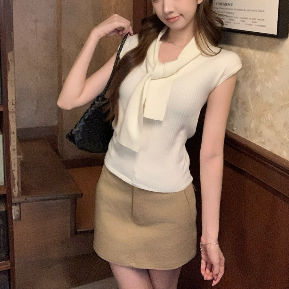 タイ付きフレンチスリーブニットトップス