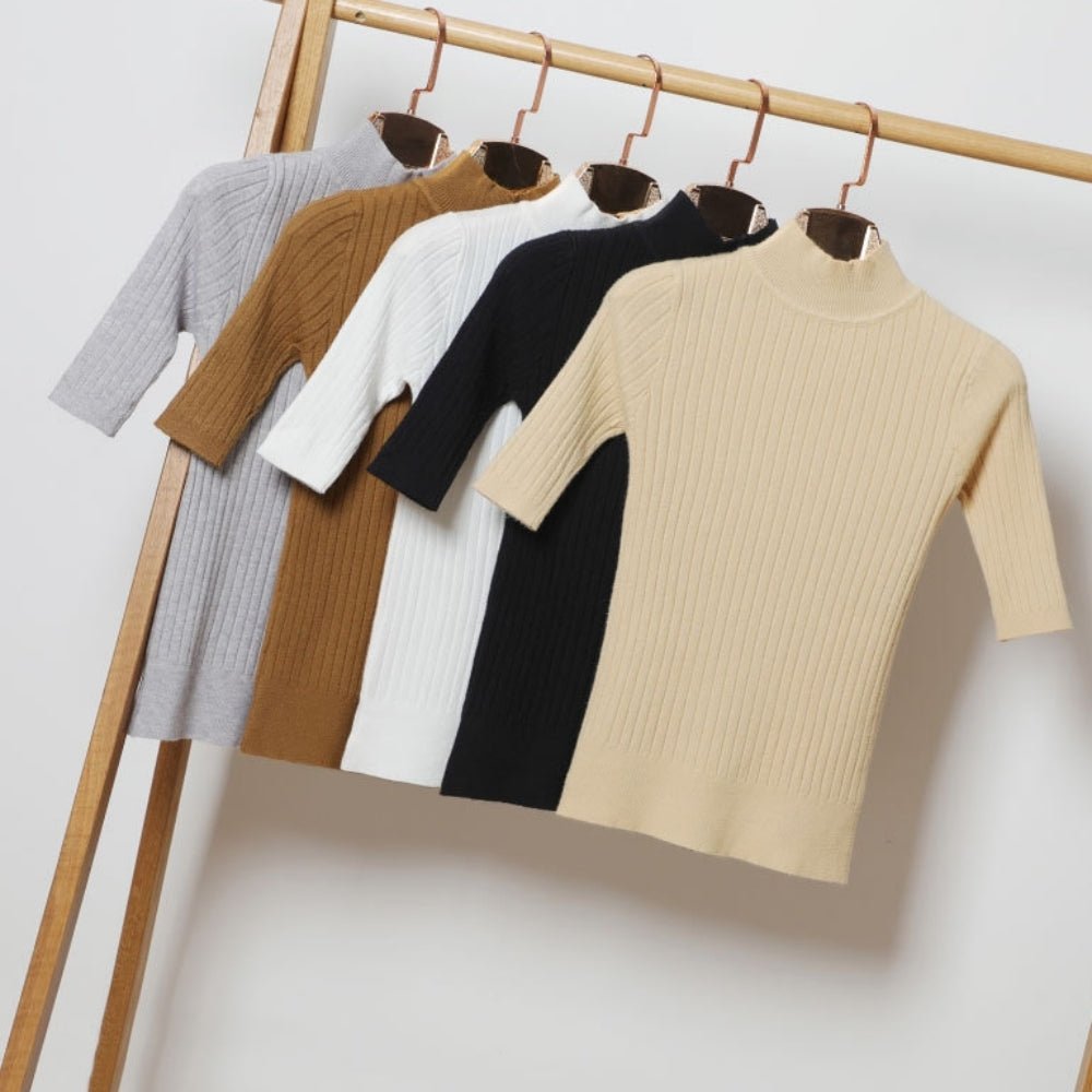 ハイネック5分袖リブニットトップス｜オフィスカジュアル レディース 通販【ミレジェネ】