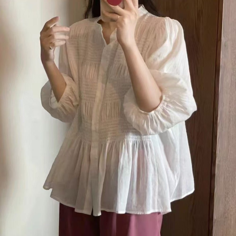 フロントシャーリング5分袖ブラウス｜オフィスカジュアル レディース 通販【ミレジェネ】