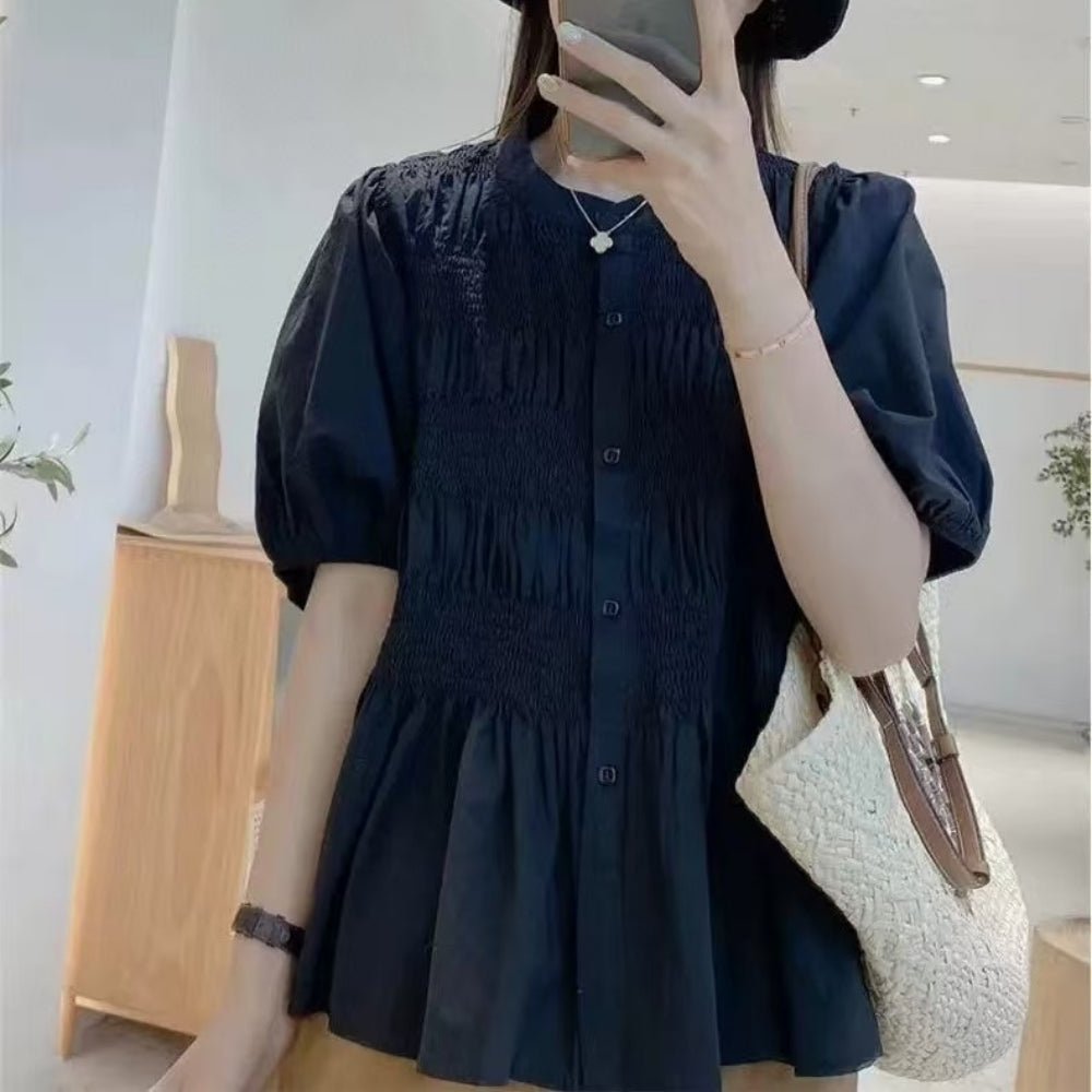 フロントシャーリング5分袖ブラウス｜オフィスカジュアル レディース 通販【ミレジェネ】