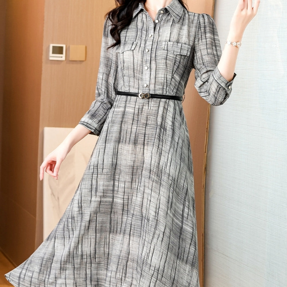 ウエストベルトチェック柄シャツワンピース