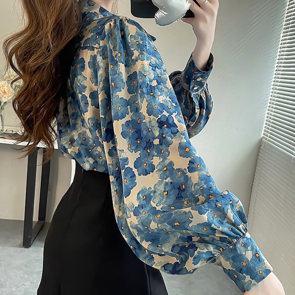 水彩風花柄パフスリーブブラウス