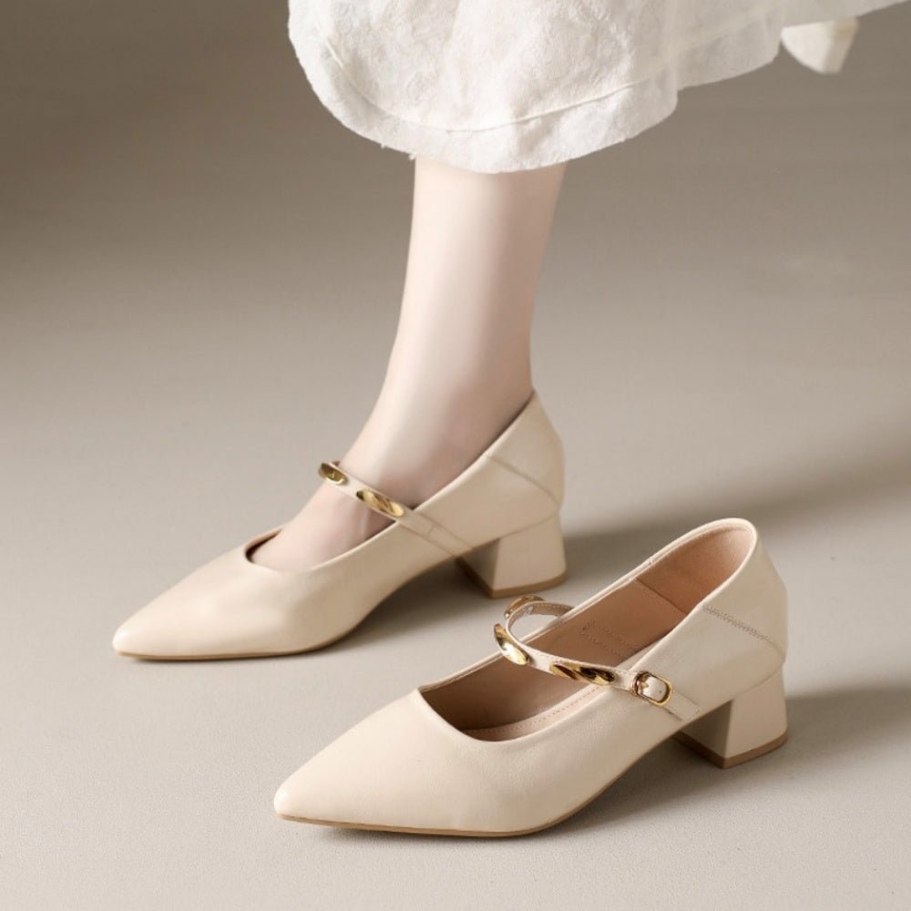 スクエアヒールゴールドストラップパンプス｜オフィスカジュアル レディース 通販【ミレジェネ】