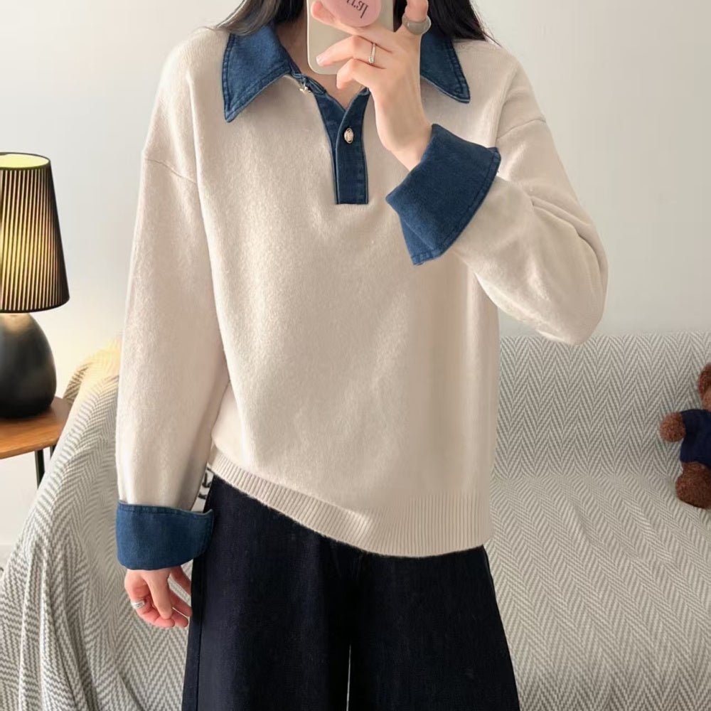 襟袖デニムフェイクレイヤードニット｜オフィスカジュアル レディース 通販【ミレジェネ】