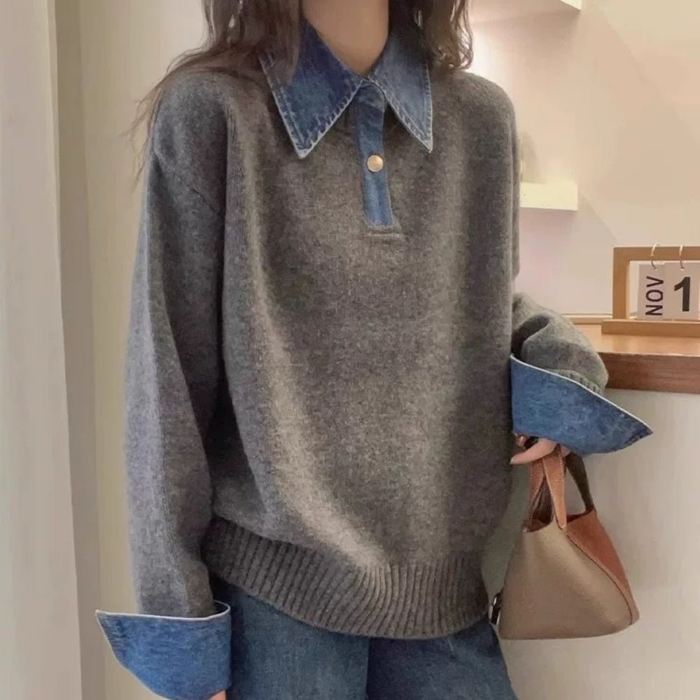 襟袖デニムフェイクレイヤードニット｜オフィスカジュアル レディース 通販【ミレジェネ】