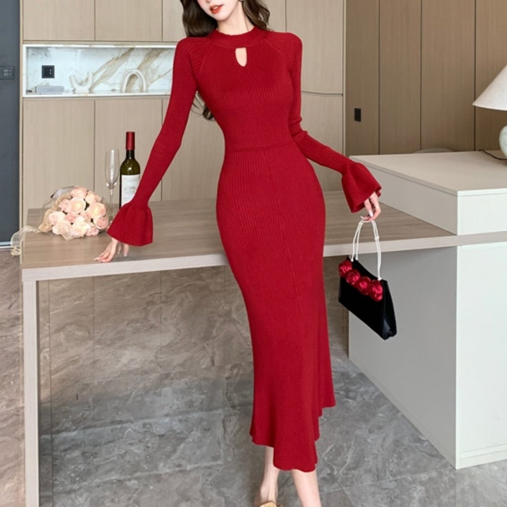 キーネックリブニットワンピース｜オフィスカジュアル レディース 通販【ミレジェネ】