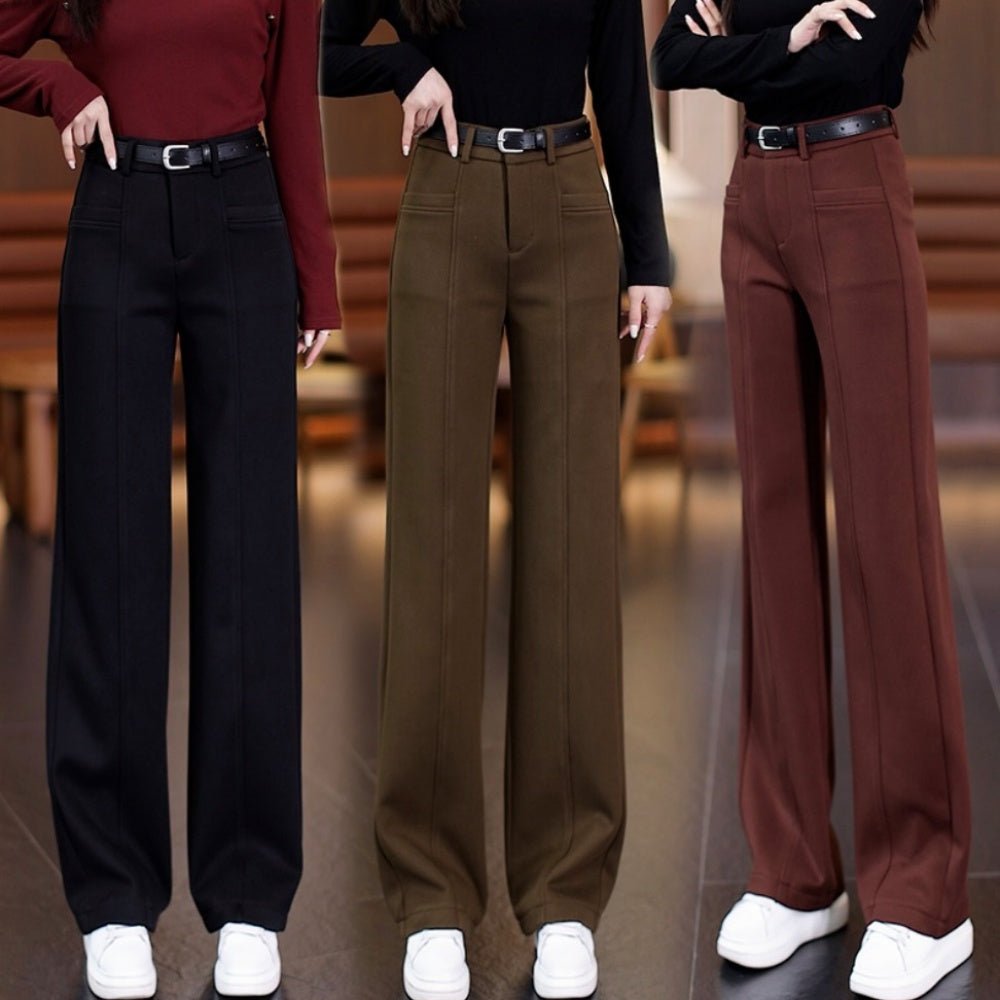 オフィスカジュアル　冬　センタープレスシンプルストレートパンツ　ミレジェネ