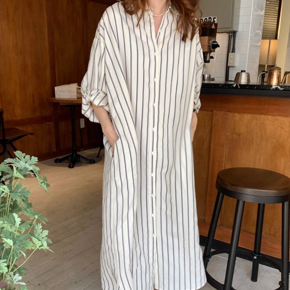 【骨格ナチュラルさんにおすすめ】ストライプロングシャツワンピース [ミレジェネ]｜オフィスカジュアル レディース 通販【ミレジェネ】