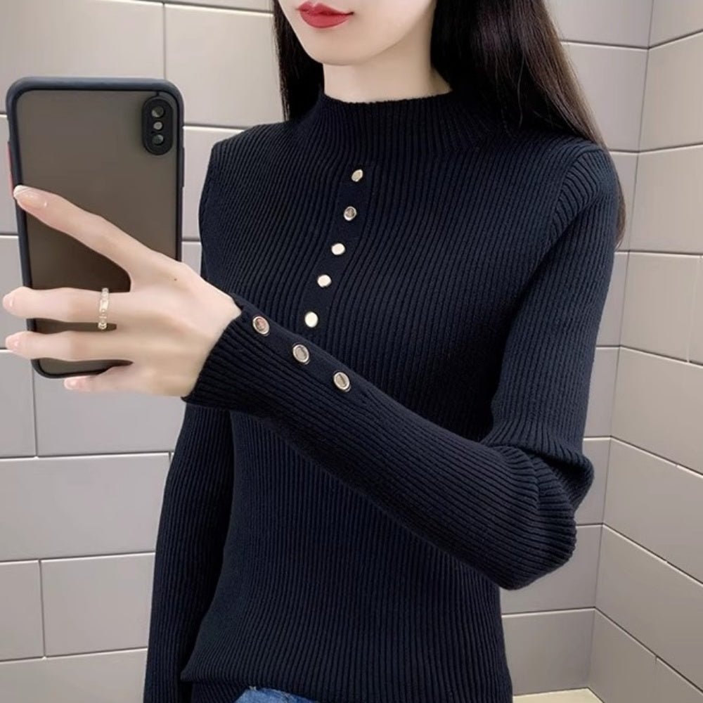 金ボタンデザインハイネックリブニット｜オフィスカジュアル レディース 通販【ミレジェネ】