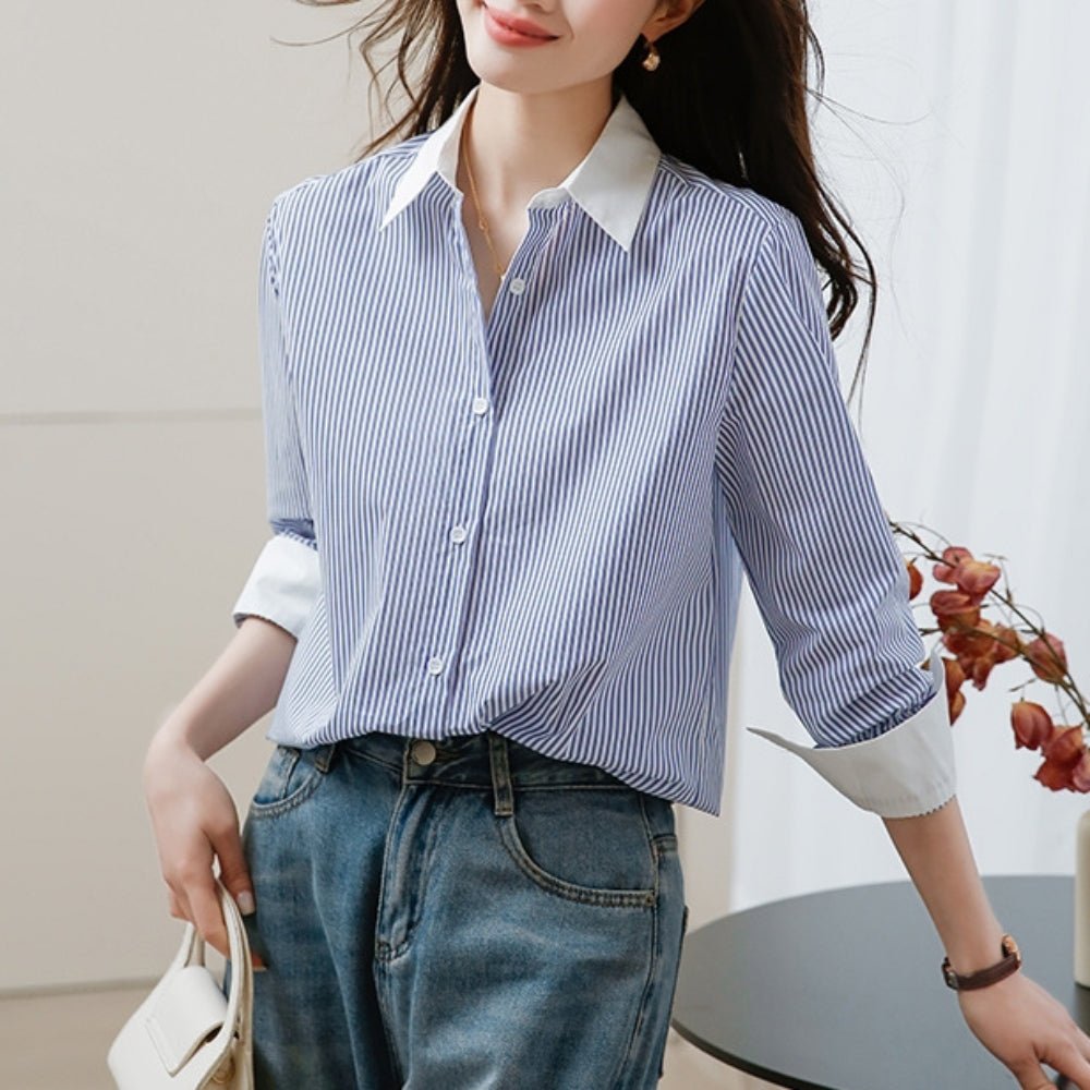 【通勤/きれいめ】ストライプ柄クレリックシャツ[ミレジェネ]｜オフィスカジュアル レディース 通販【ミレジェネ】