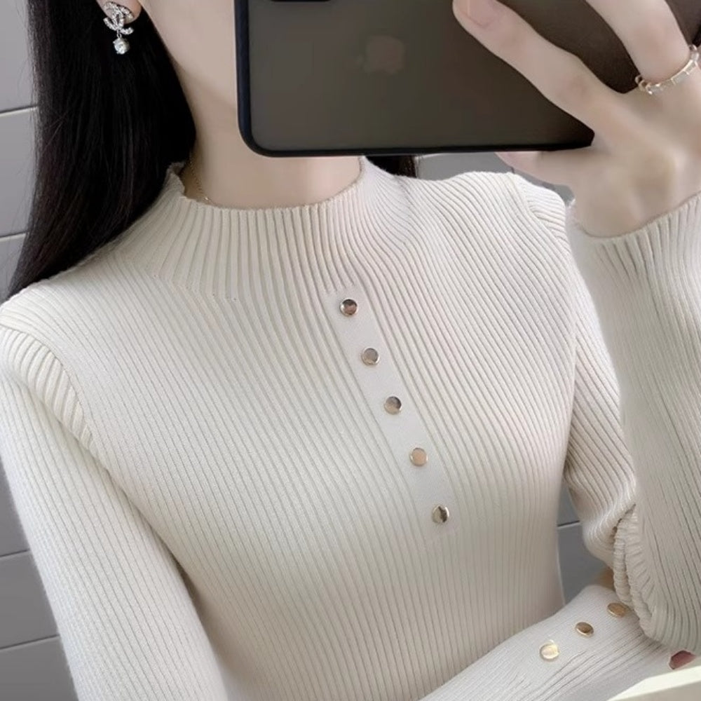 金ボタンデザインハイネックリブニット｜オフィスカジュアル レディース 通販【ミレジェネ】