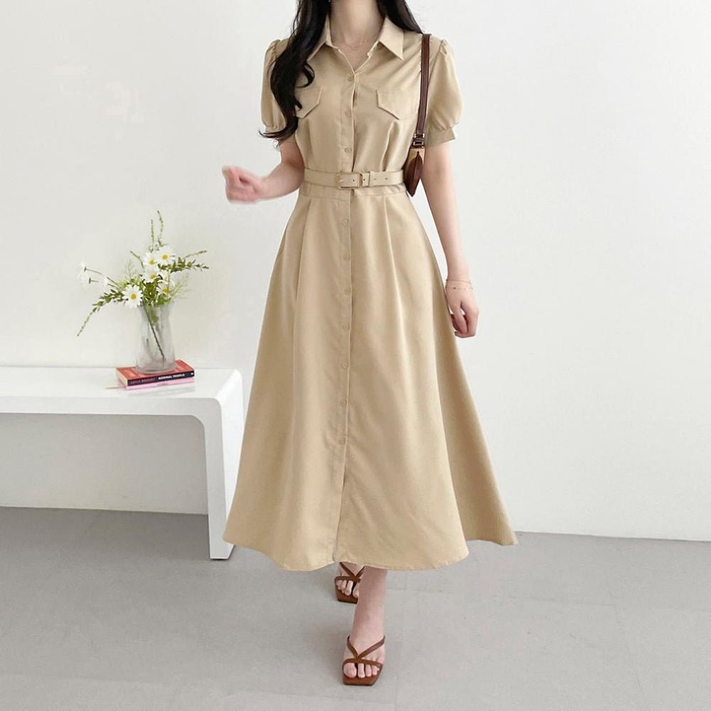 【新品未使用】エムプルミエ バックボタンウエストベルトワンピース 秋色 S ウエストベルトパフスリーブ前ボタンワンピース｜オフィスカジュアル