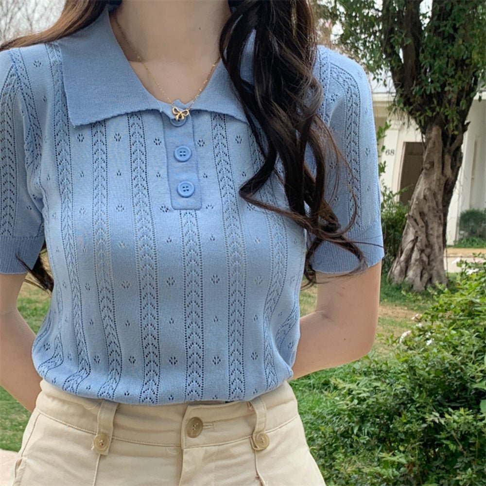 【骨格ストレートさんにおすすめ】透かし編みニットポロトップス[ミレジェネ]｜オフィスカジュアル レディース 通販【ミレジェネ】