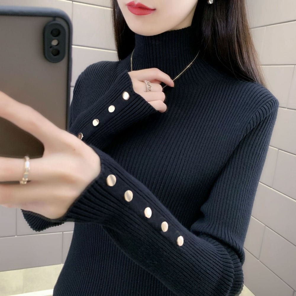金ボタンハイネックリブニット｜オフィスカジュアル レディース 通販【ミレジェネ】
