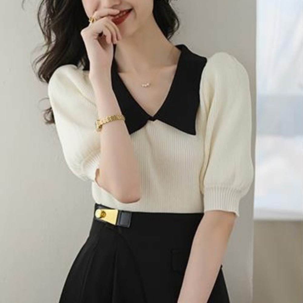 バイカラー襟付きパフスリーブニット｜オフィスカジュアル レディース