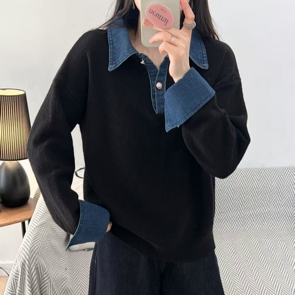 襟袖デニムフェイクレイヤードニット｜オフィスカジュアル レディース 通販【ミレジェネ】