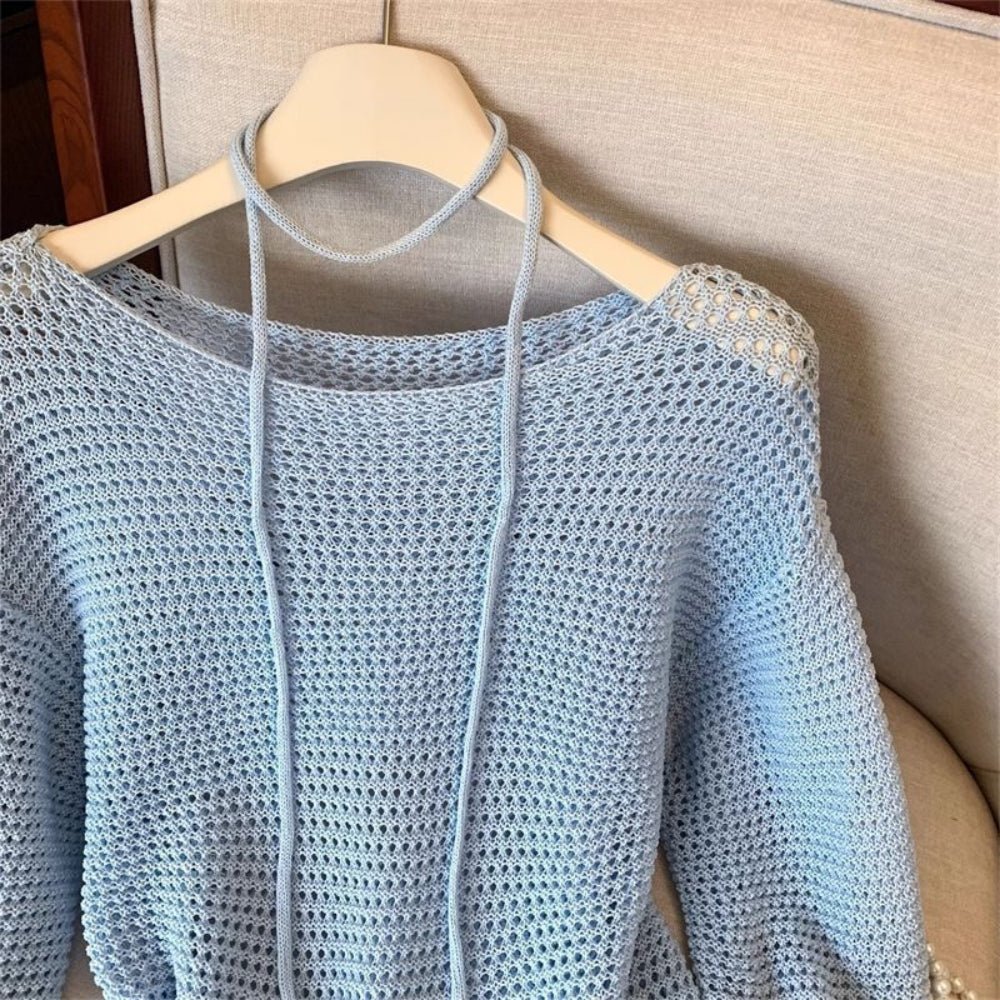 【着痩せ/通勤】ナローリボン付きメッシュニットトップス[ミレジェネ]｜オフィスカジュアル レディース 通販【ミレジェネ】