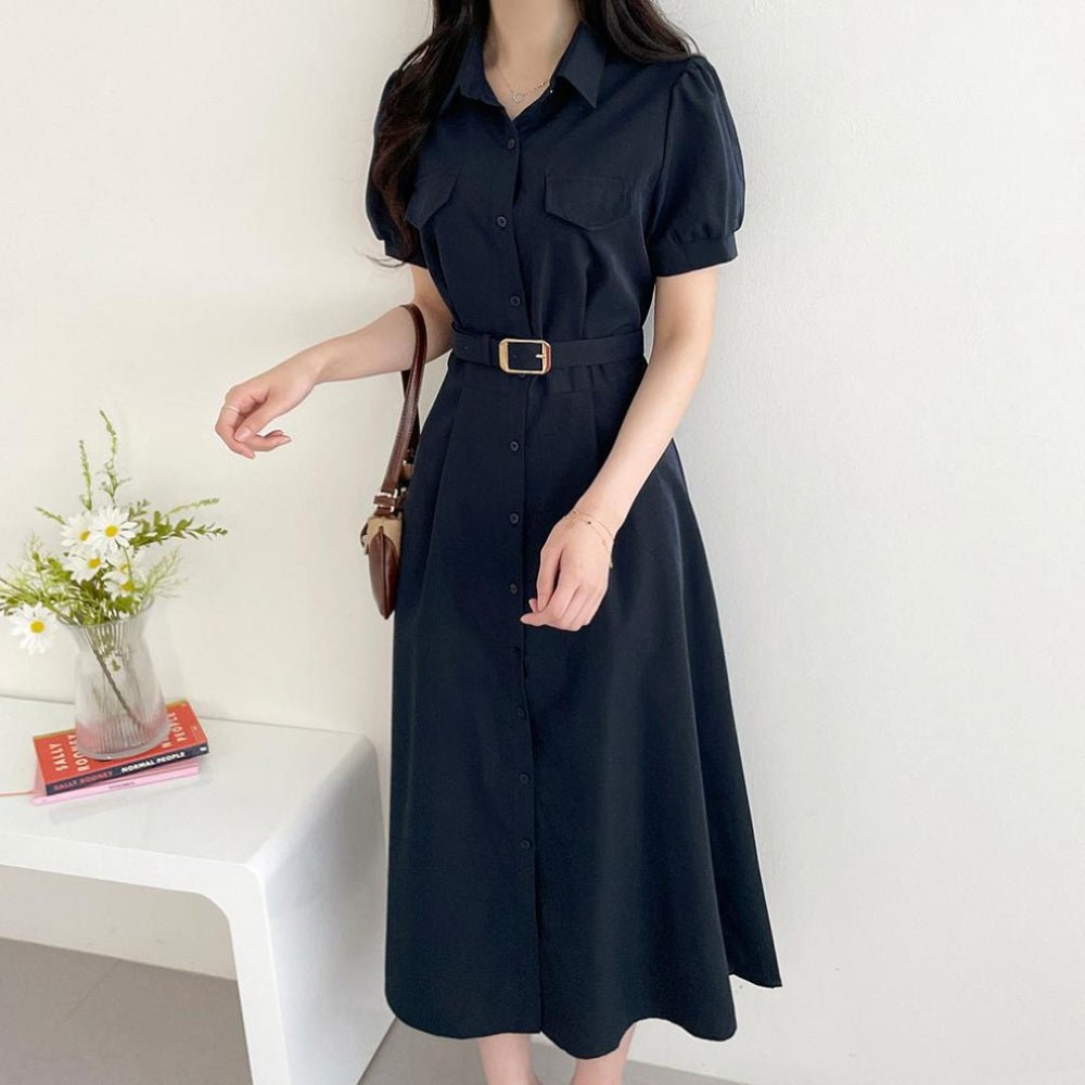 ウエストベルトパフスリーブ前ボタンワンピース｜オフィスカジュアル