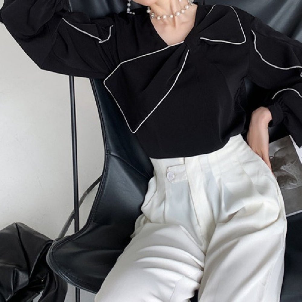 バイカラービッグリボンフリルブラウス｜オフィスカジュアル レディース 通販【ミレジェネ】