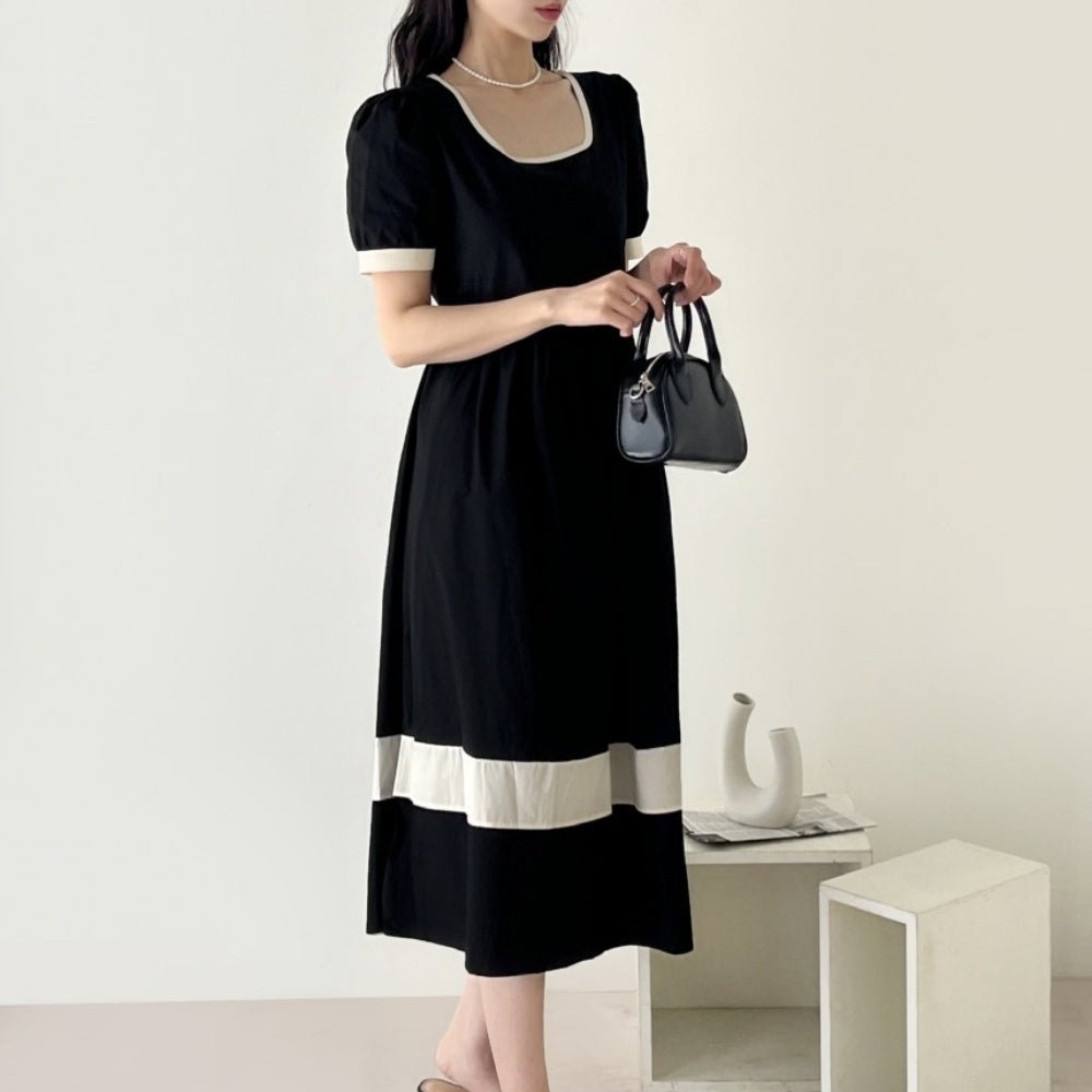 バイカラースクエアネックフレアワンピース｜オフィスカジュアル レディース 通販【ミレジェネ】