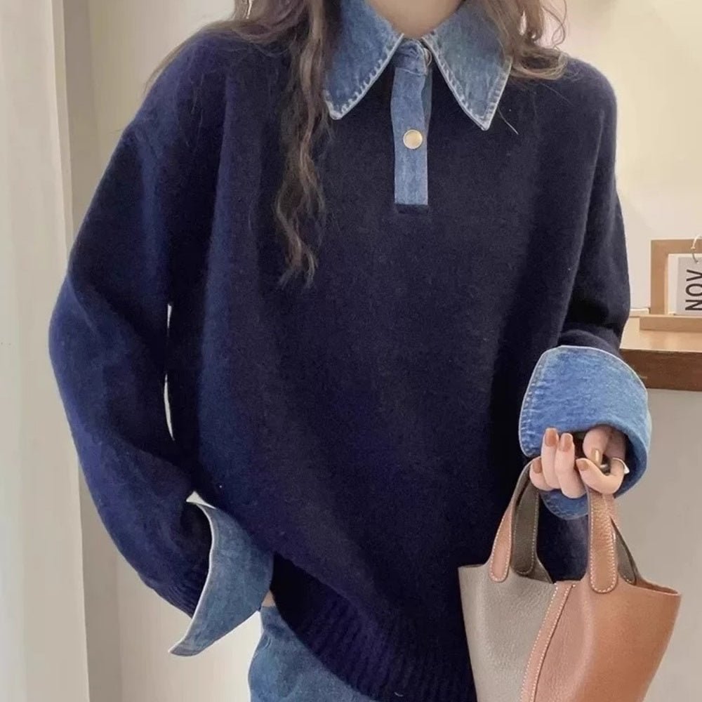 襟袖デニムフェイクレイヤードニット｜オフィスカジュアル レディース 通販【ミレジェネ】