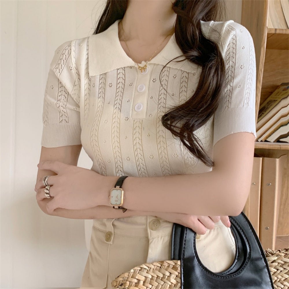 【骨格ストレートさんにおすすめ】透かし編みニットポロトップス[ミレジェネ]｜オフィスカジュアル レディース 通販【ミレジェネ】