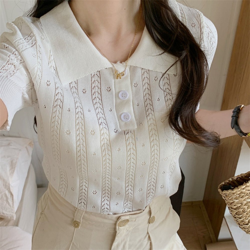 【骨格ストレートさんにおすすめ】透かし編みニットポロトップス[ミレジェネ]｜オフィスカジュアル レディース 通販【ミレジェネ】