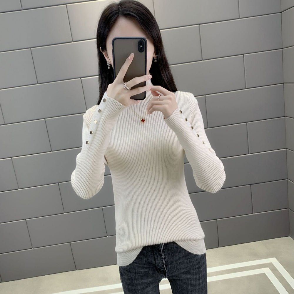 金ボタンハイネックリブニット｜オフィスカジュアル レディース 通販【ミレジェネ】