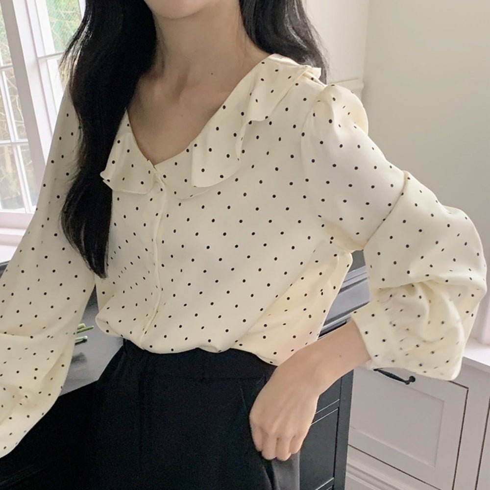 マイクロドットフリルネックサテンブラウス｜オフィスカジュアル レディース 通販【ミレジェネ】