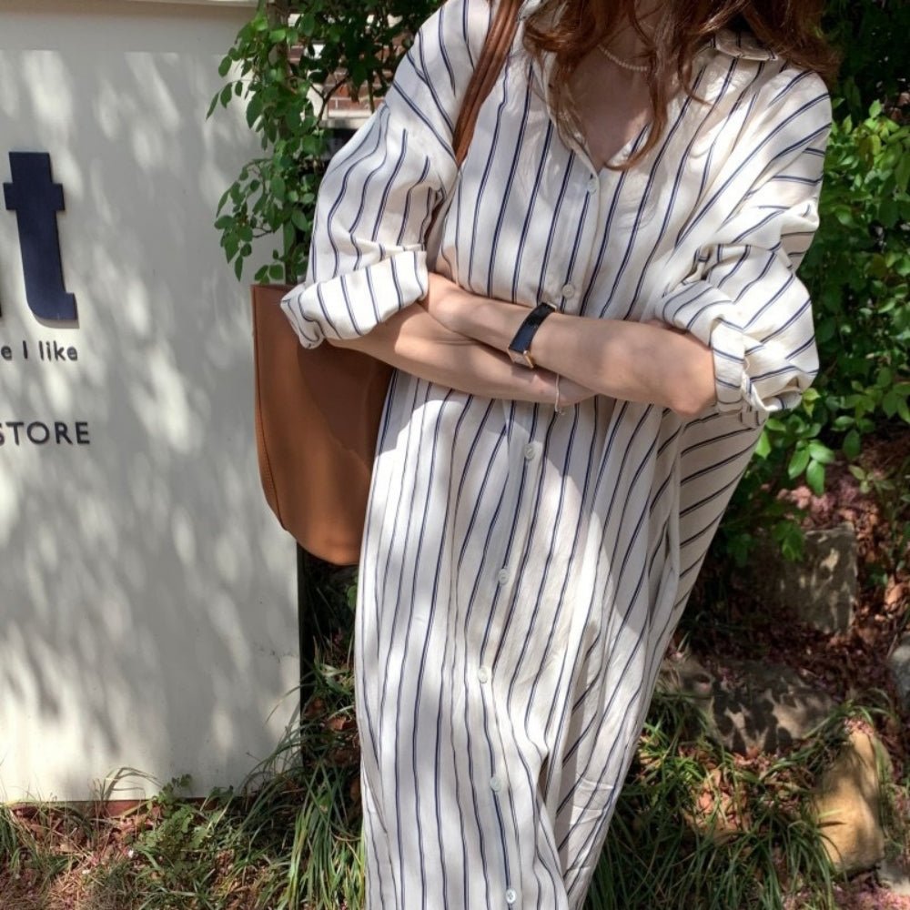 【骨格ナチュラルさんにおすすめ】ストライプロングシャツワンピース [ミレジェネ]｜オフィスカジュアル レディース 通販【ミレジェネ】