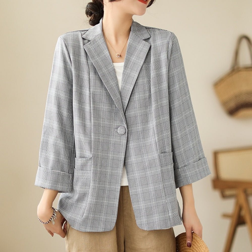 テーラードカラーチェック柄七分袖ジャケット｜オフィスカジュアル