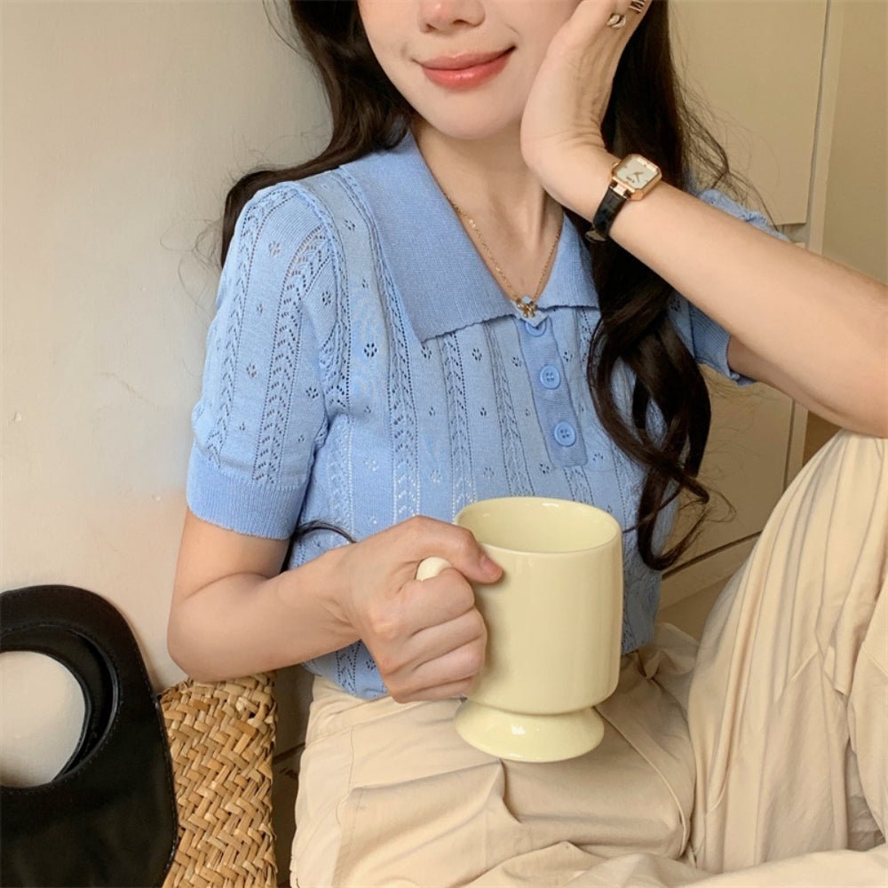 【骨格ストレートさんにおすすめ】透かし編みニットポロトップス[ミレジェネ]｜オフィスカジュアル レディース 通販【ミレジェネ】