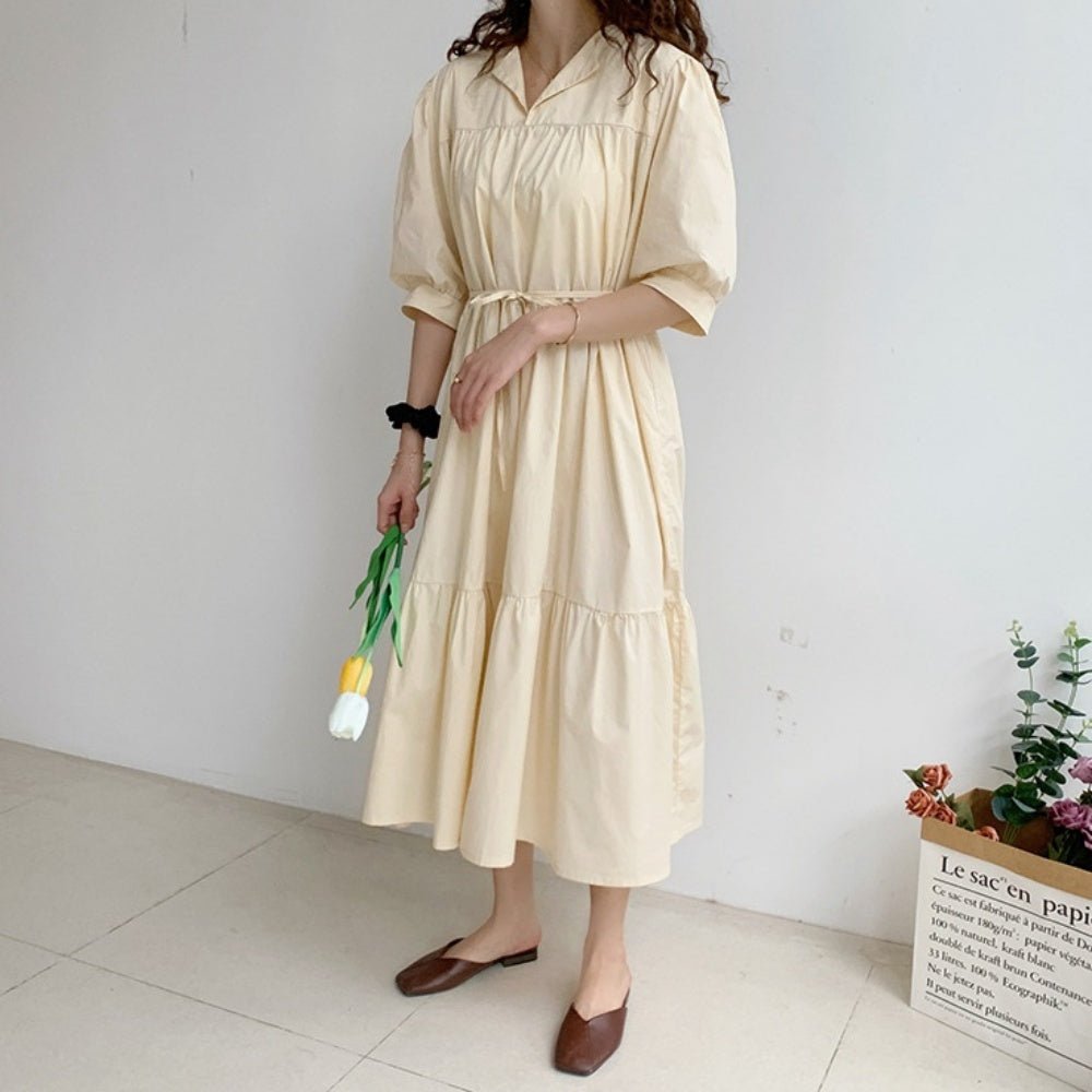 開襟パフスリーブティアードワンピース｜オフィスカジュアル