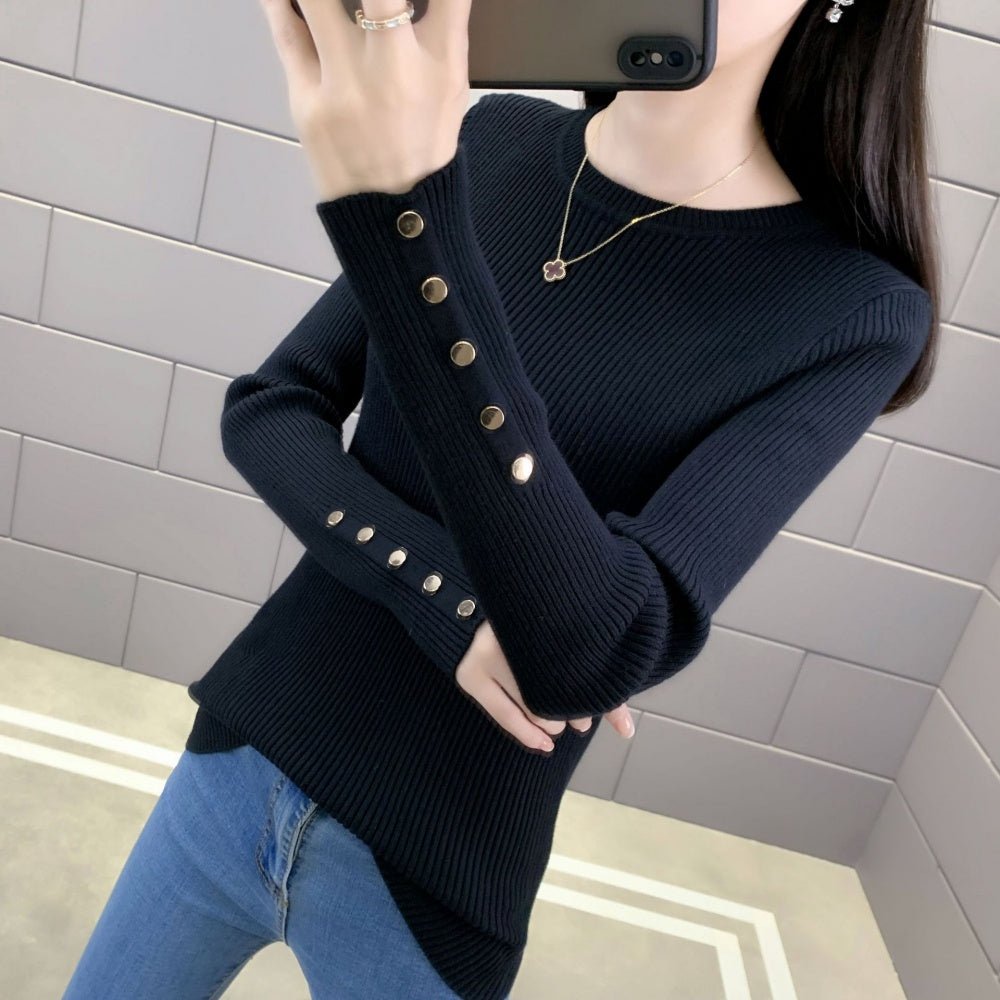 金ボタンクルーネックリブニット｜オフィスカジュアル レディース 通販【ミレジェネ】