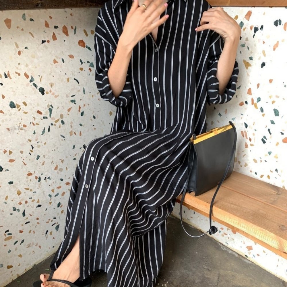 【骨格ナチュラルさんにおすすめ】ストライプロングシャツワンピース [ミレジェネ]｜オフィスカジュアル レディース 通販【ミレジェネ】