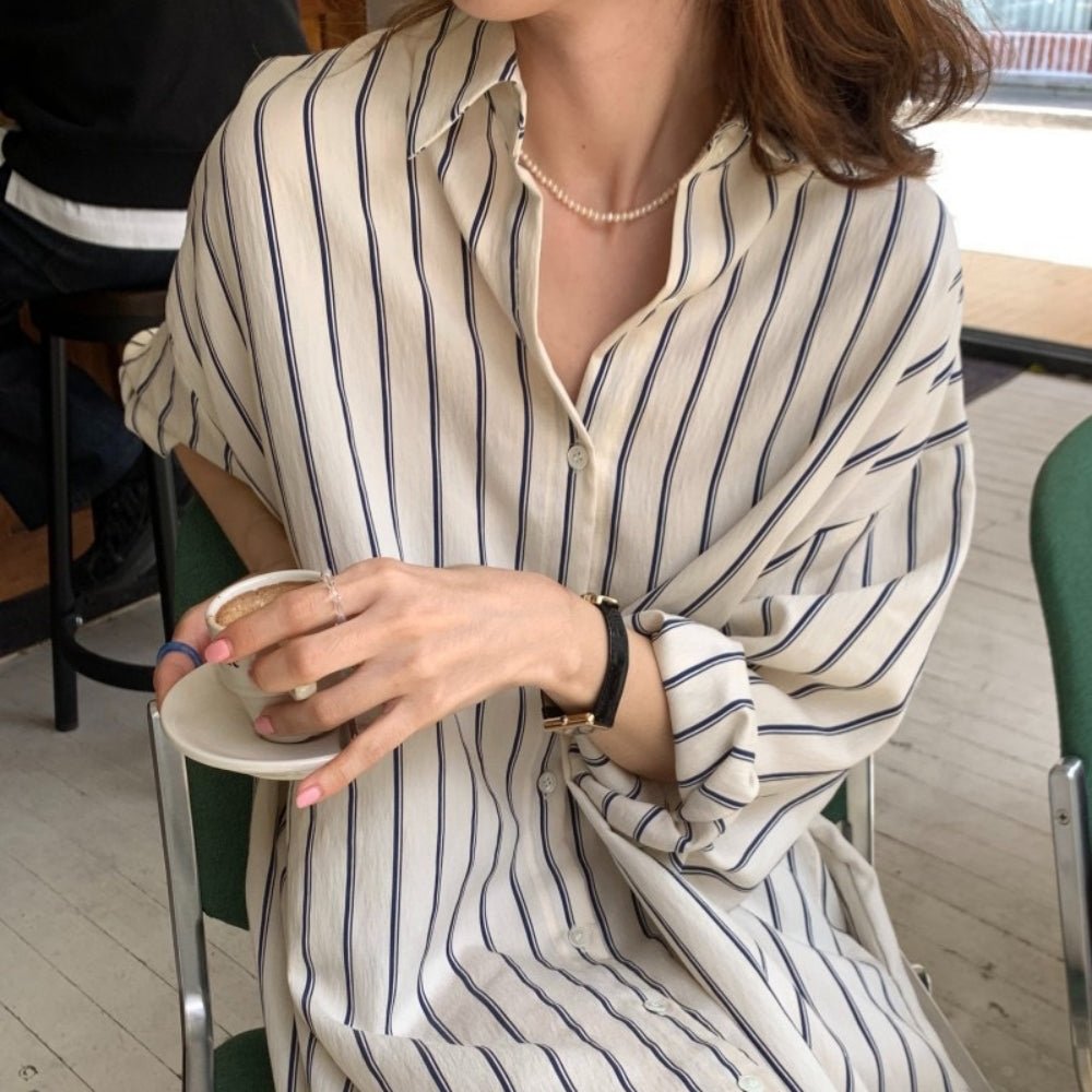 【骨格ナチュラルさんにおすすめ】ストライプロングシャツワンピース [ミレジェネ]｜オフィスカジュアル レディース 通販【ミレジェネ】