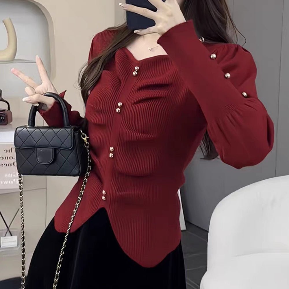 ゴールドボタンハートネックニットトップス｜オフィスカジュアル レディース 通販【ミレジェネ】