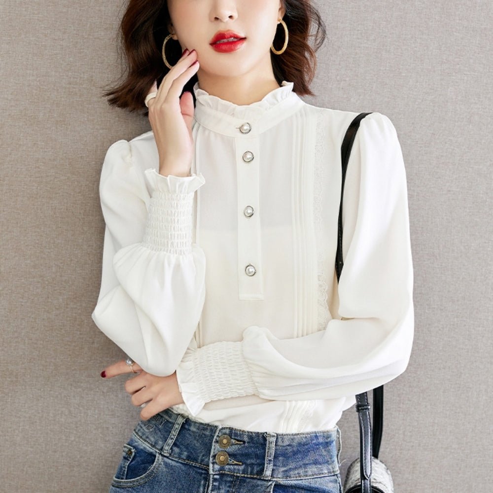 スタンドフリルカラーブラウス｜オフィスカジュアル レディース 通販【ミレジェネ】