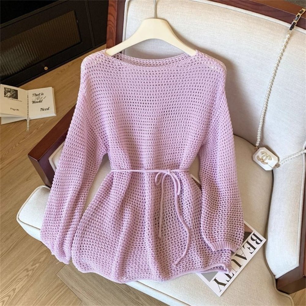 【着痩せ/通勤】ナローリボン付きメッシュニットトップス[ミレジェネ]｜オフィスカジュアル レディース 通販【ミレジェネ】