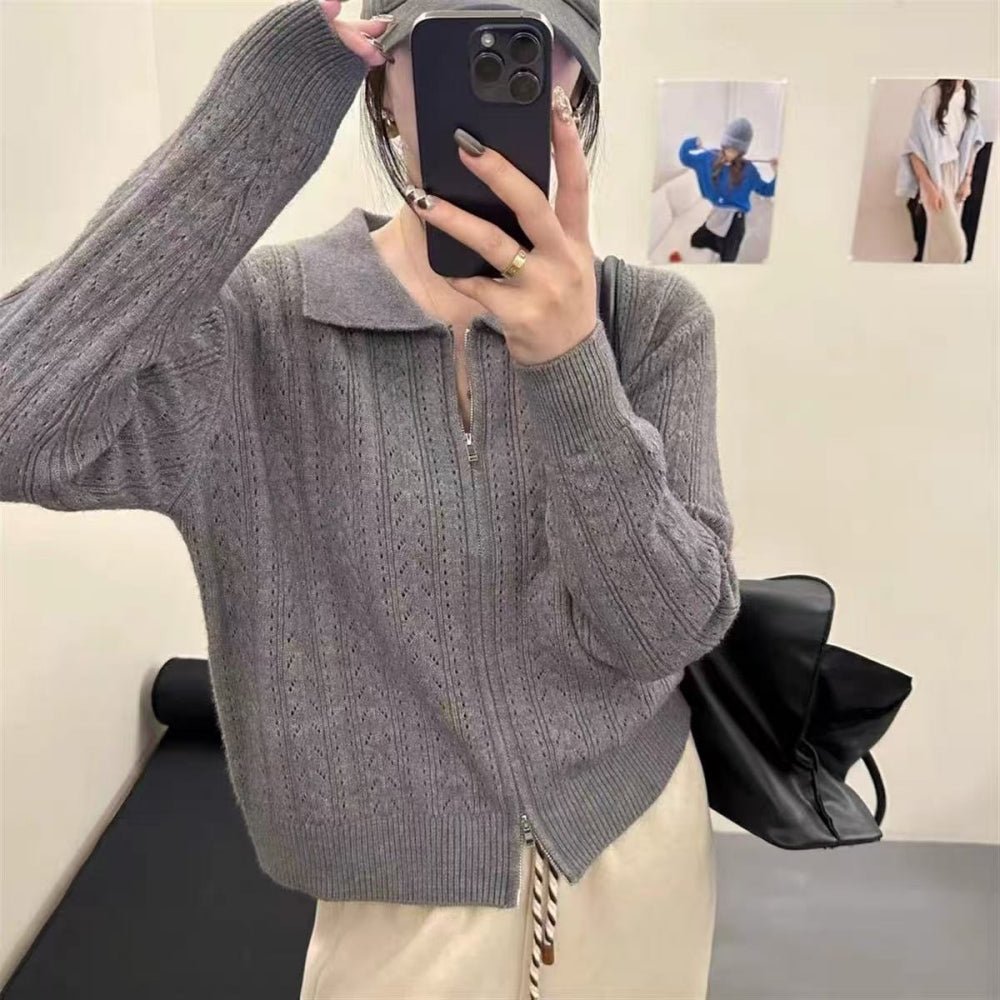 襟付き透かし編みジップアップカーデ｜オフィスカジュアル レディース 通販【ミレジェネ】