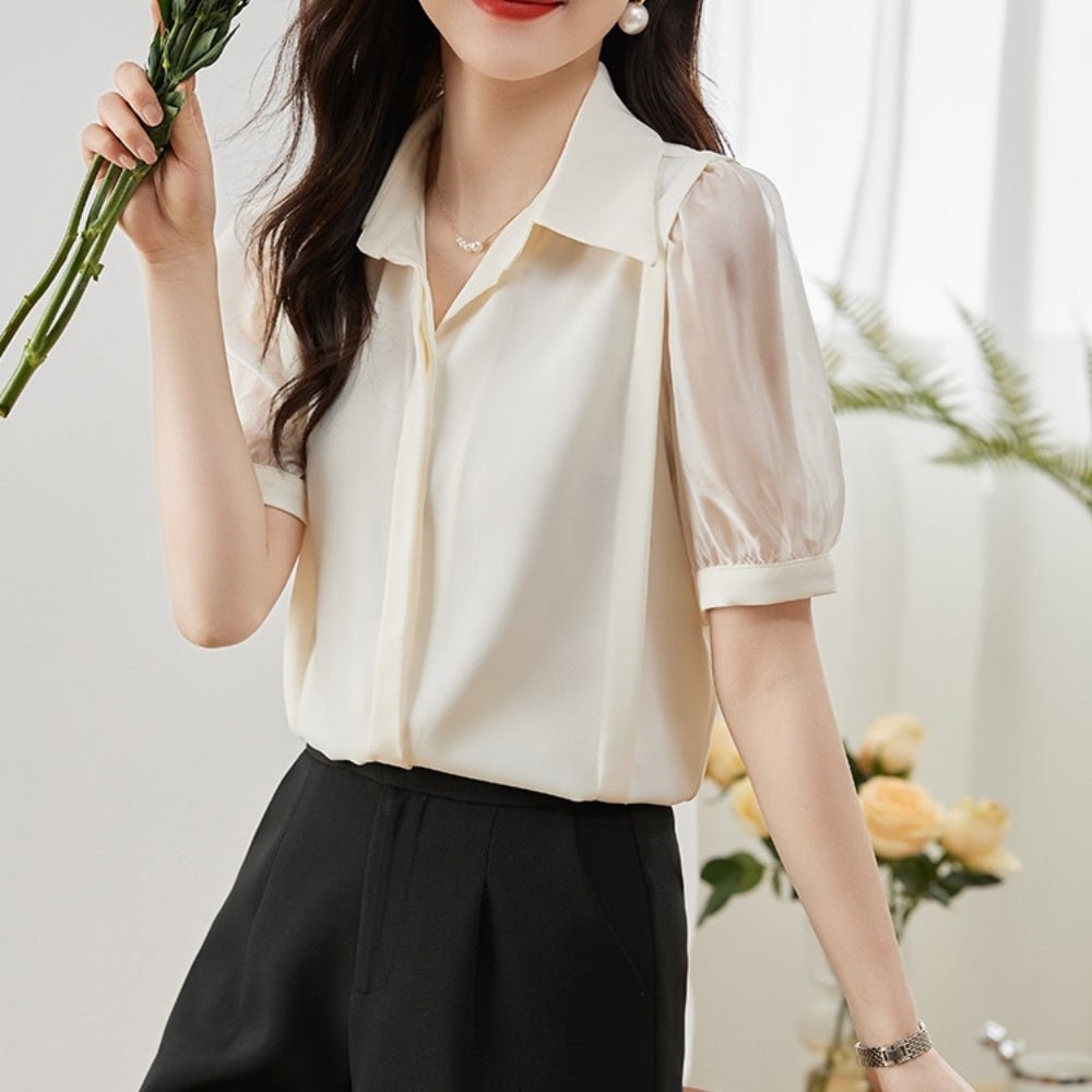 異素材切替パフスリーブブラウス｜オフィスカジュアル レディース 通販【ミレジェネ】