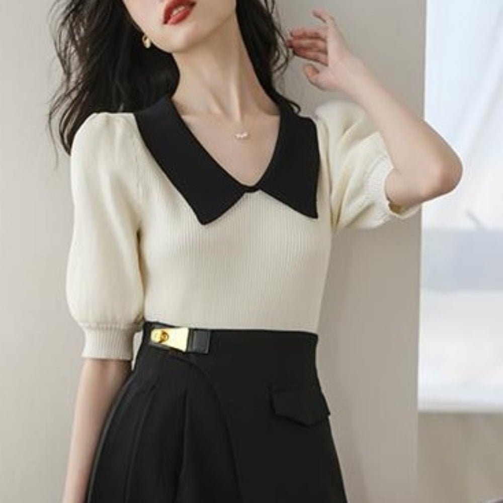 バイカラー襟付きパフスリーブニット｜オフィスカジュアル レディース