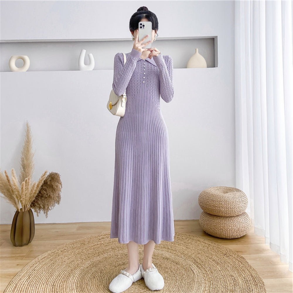 襟付リブ網フロント飾りボタンワンピース｜オフィスカジュアル