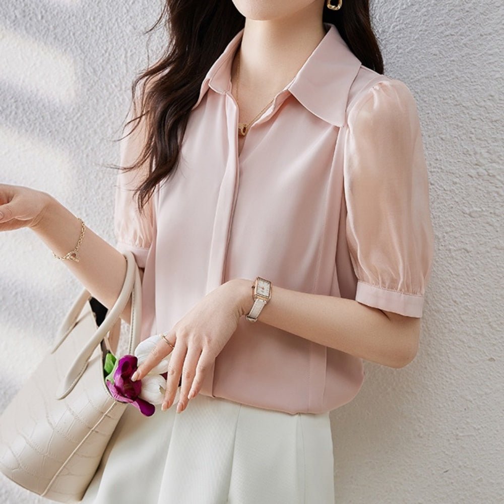 異素材切替パフスリーブブラウス｜オフィスカジュアル レディース 通販【ミレジェネ】