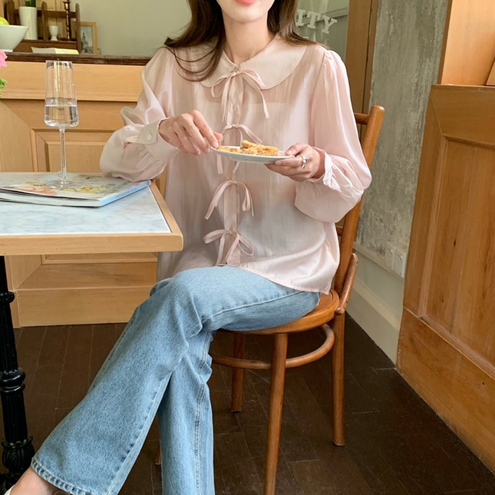 フラットカラーナローリボンシアーブラウス｜オフィスカジュアル レディース 通販【ミレジェネ】