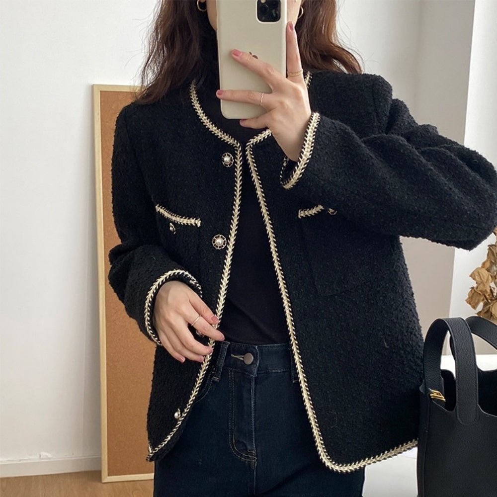 ショート丈ポケット付きツイードジャケット｜オフィスカジュアル