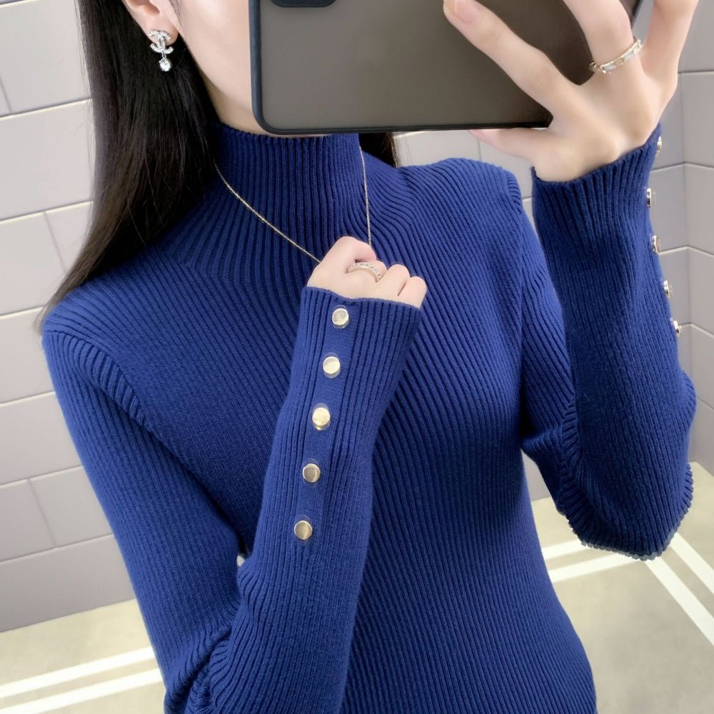 金ボタンハイネックリブニット｜オフィスカジュアル レディース 通販【ミレジェネ】