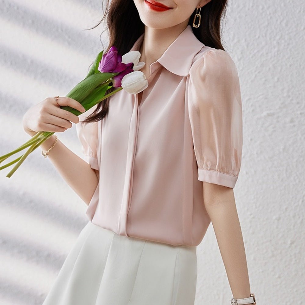 異素材切替パフスリーブブラウス｜オフィスカジュアル レディース 通販【ミレジェネ】