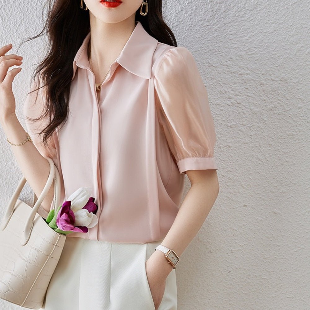 異素材切替パフスリーブブラウス｜オフィスカジュアル レディース 通販【ミレジェネ】